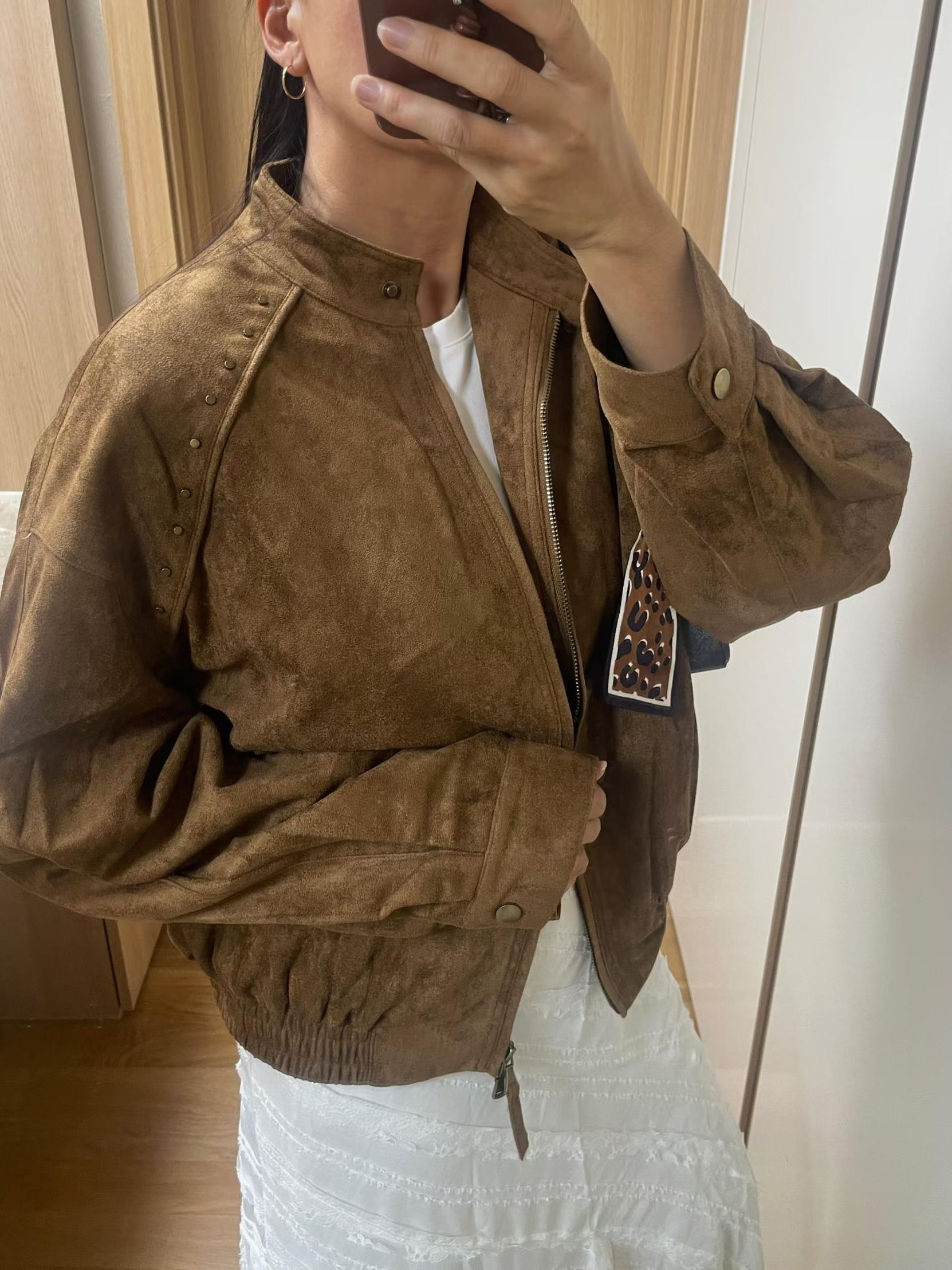 雙拉鍊鉚釘麂皮外套